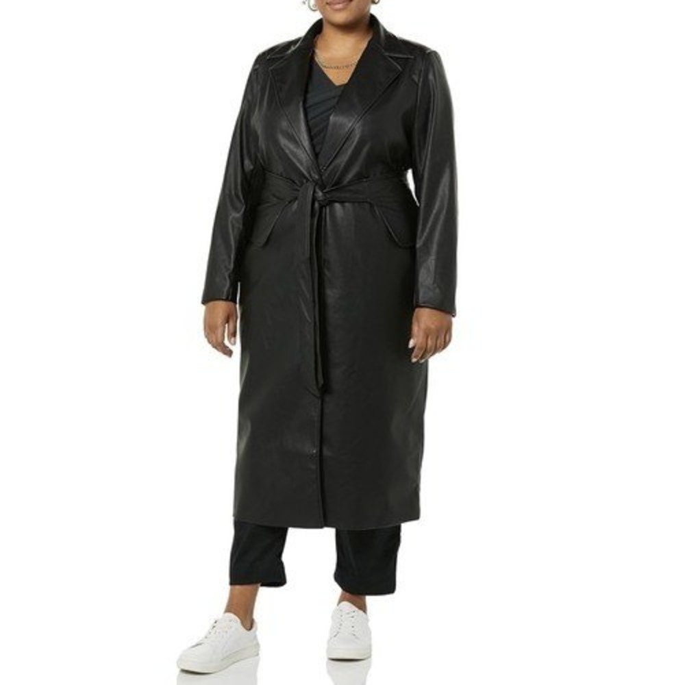 Terea By Andrea Pitter‎ Black Faux Leather Long Coat Belt TR311 Large NWT